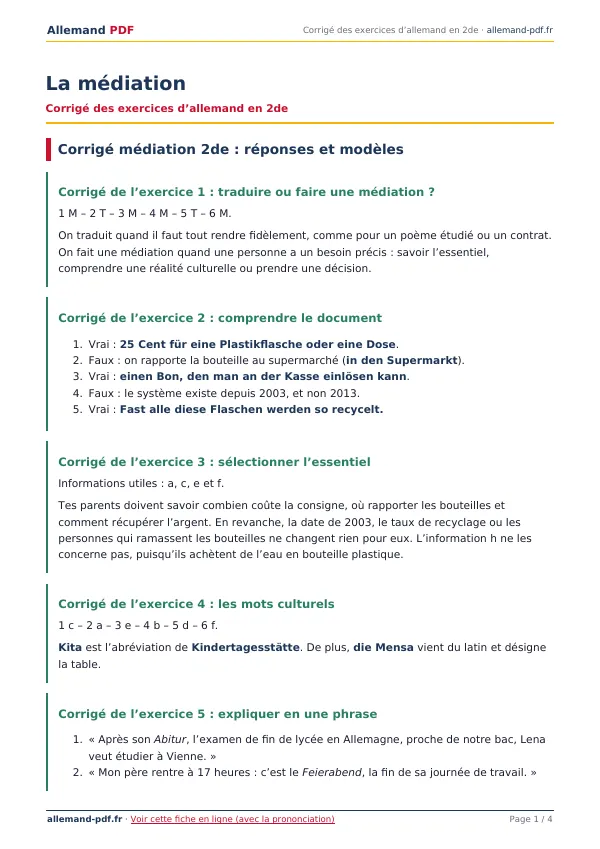 Corrigé « La médiation » en PDF