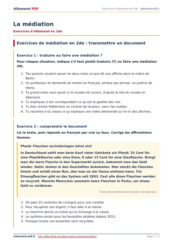 Exercices « La médiation » en PDF