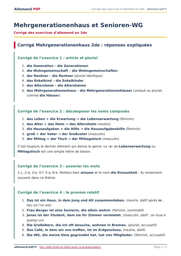 Corrigé « Mehrgenerationenhaus et Senioren-WG » en PDF