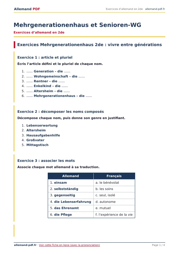 Exercices « Mehrgenerationenhaus et Senioren-WG » en PDF