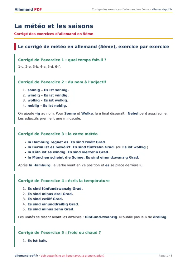 Corrigé « La météo et les saisons » en PDF