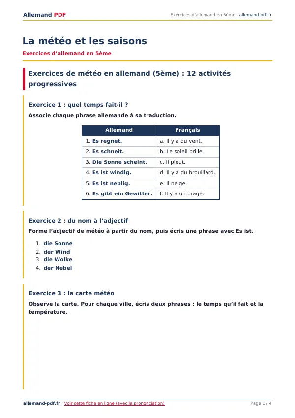 Exercices « La météo et les saisons » en PDF