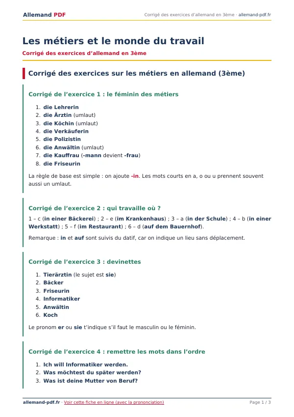 Corrigé « Les métiers et le monde du travail » en PDF