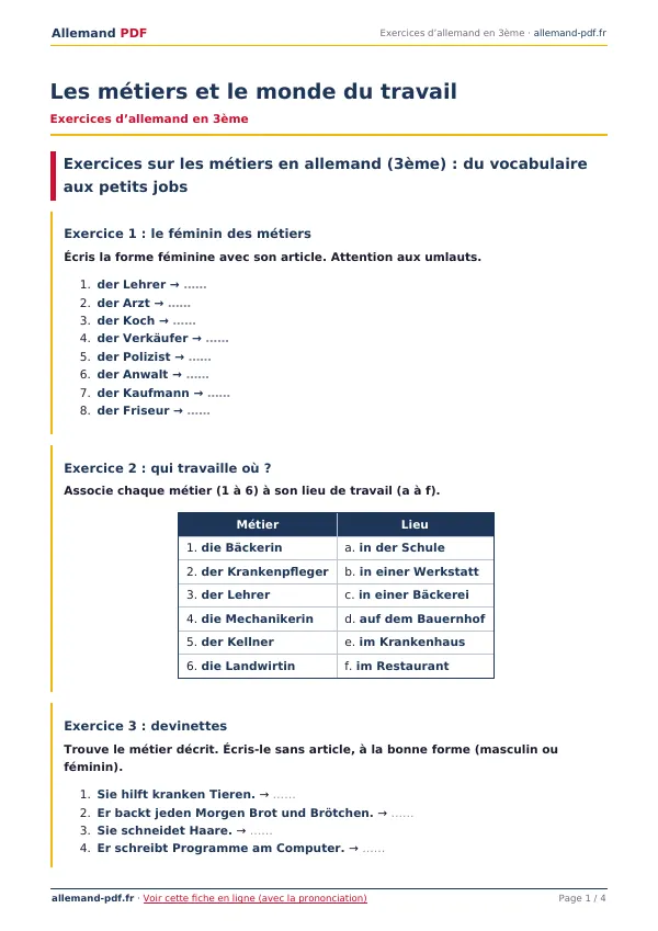 Exercices « Les métiers et le monde du travail » en PDF