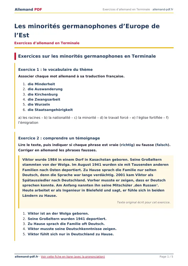 Exercices « Les minorités germanophones d’Europe de l’Est » en PDF
