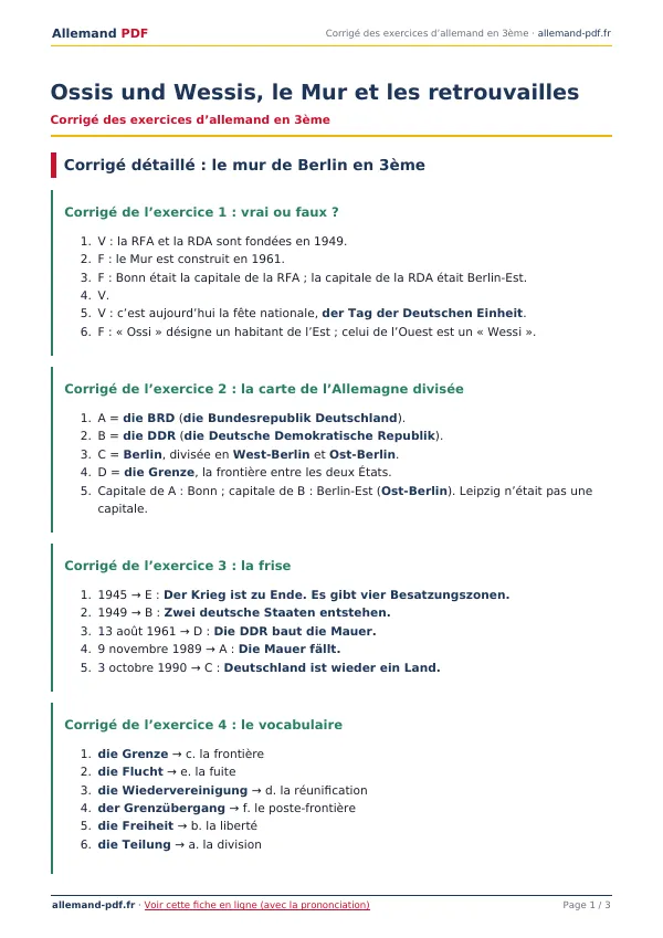 Corrigé « Ossis und Wessis, le Mur et les retrouvailles » en PDF