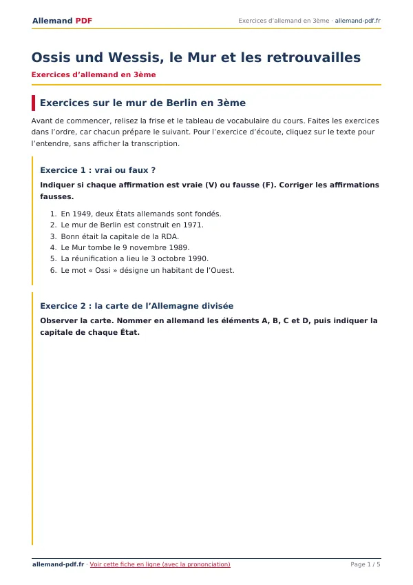 Exercices « Ossis und Wessis, le Mur et les retrouvailles » en PDF