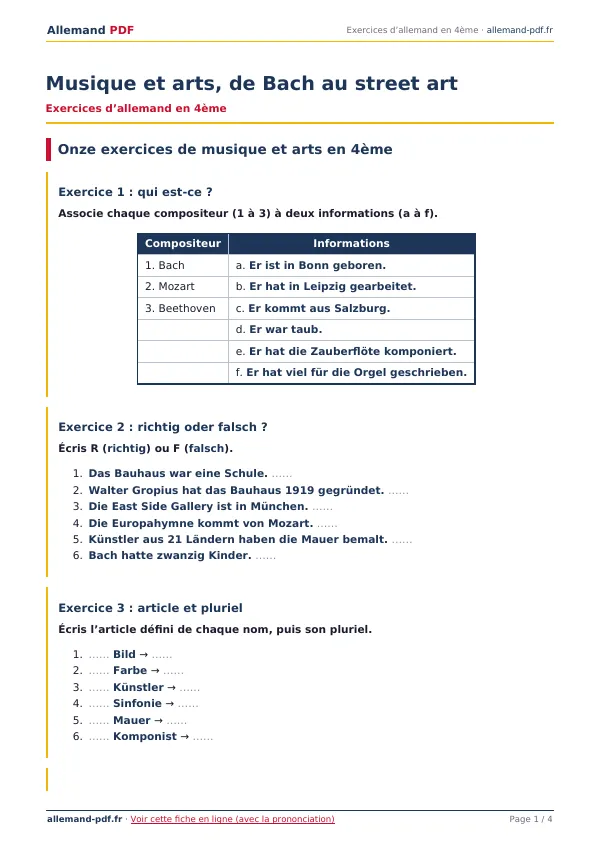 Exercices « Musique et arts, de Bach au street art » en PDF
