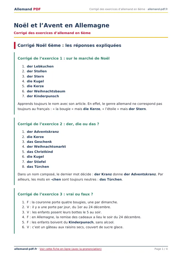 Corrigé « Noël et l’Avent en Allemagne » en PDF