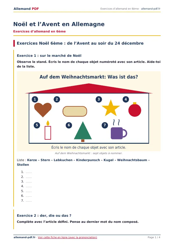 Exercices « Noël et l’Avent en Allemagne » en PDF