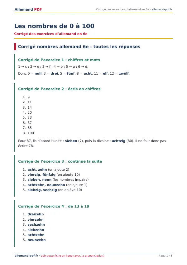 Corrigé « Les nombres de 0 à 100 » en PDF
