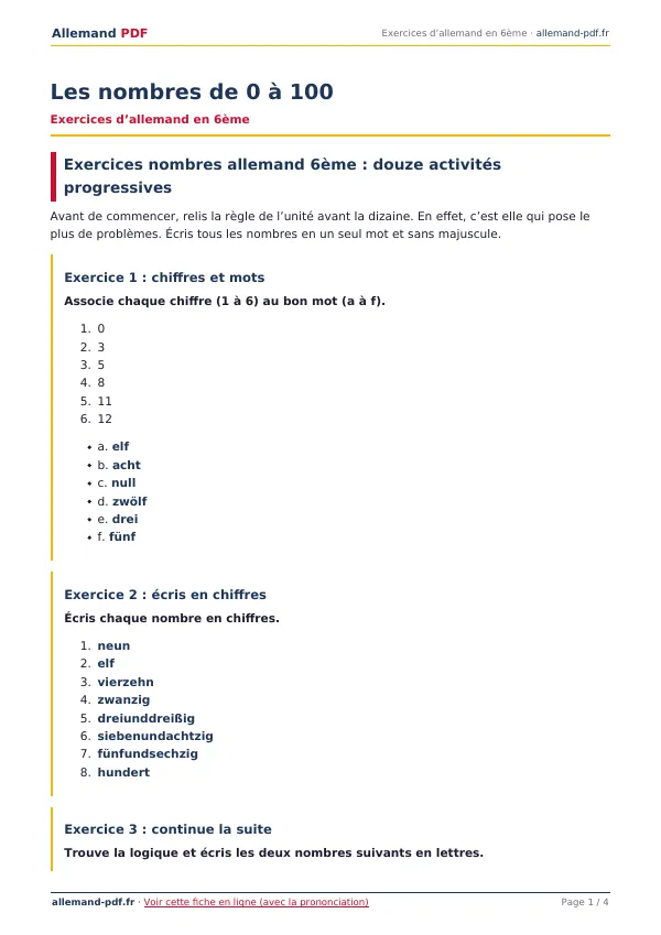 Exercices « Les nombres de 0 à 100 » en PDF
