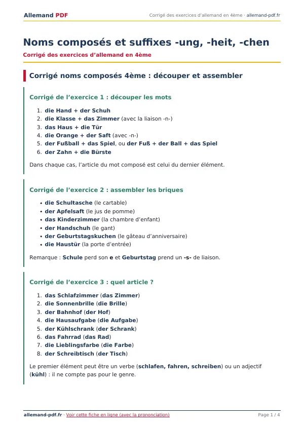 Corrigé « Noms composés et suffixes -ung, -heit, -chen » en PDF