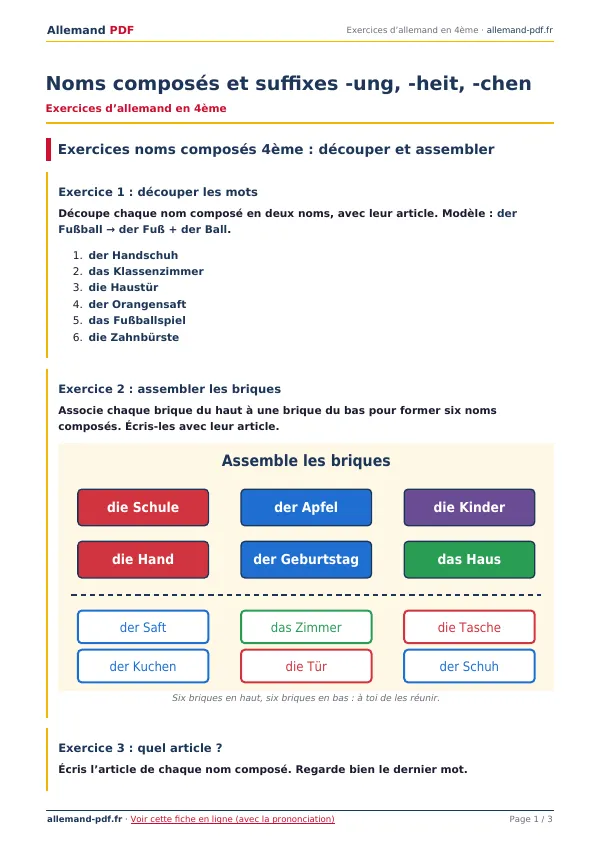 Exercices « Noms composés et suffixes -ung, -heit, -chen » en PDF