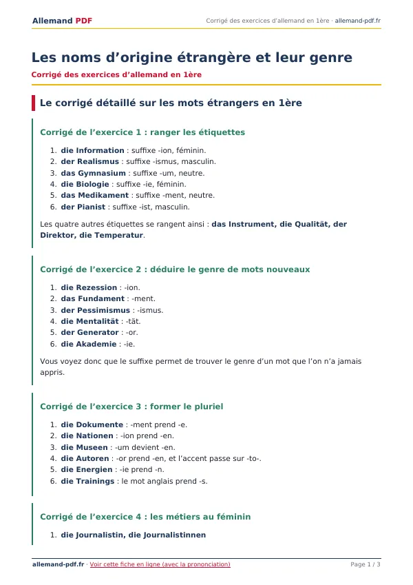 Corrigé « Les noms d’origine étrangère et leur genre » en PDF
