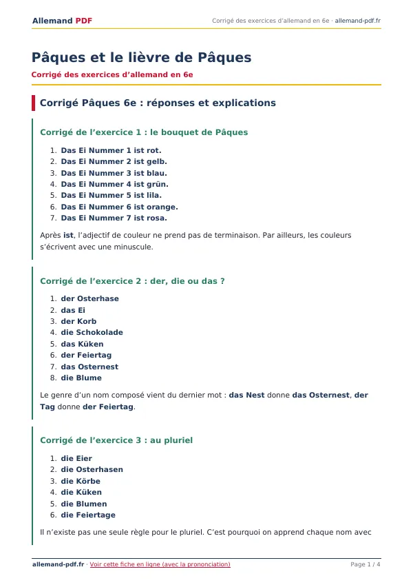 Corrigé « Pâques et le lièvre de Pâques » en PDF