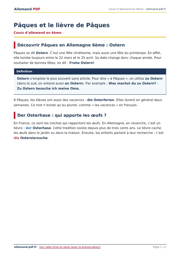 Cours « Pâques et le lièvre de Pâques » en PDF
