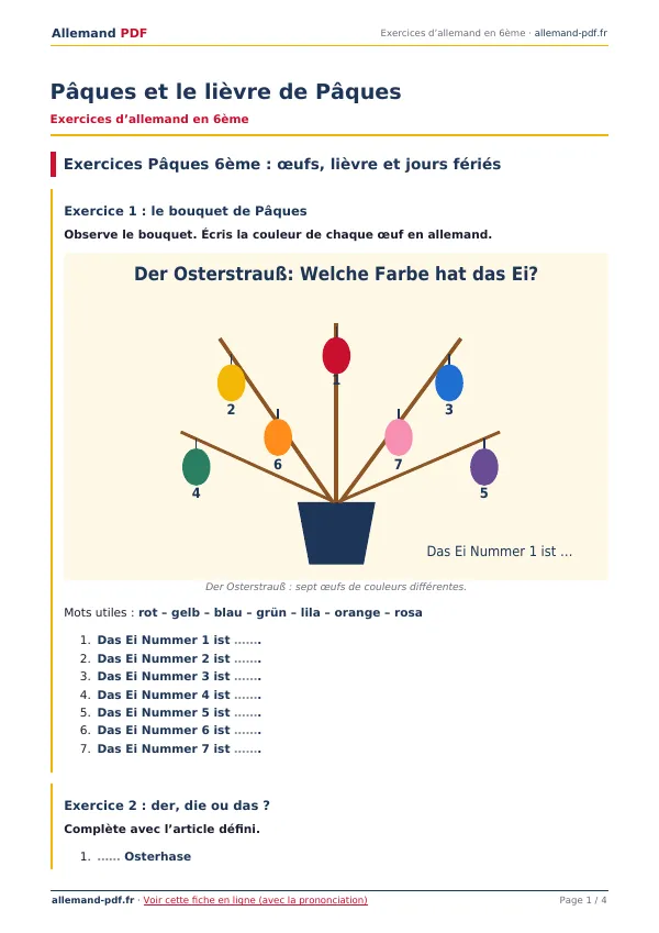 Exercices « Pâques et le lièvre de Pâques » en PDF