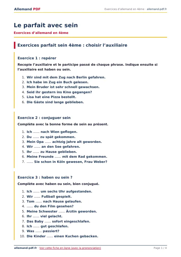 Exercices « Le parfait avec sein » en PDF