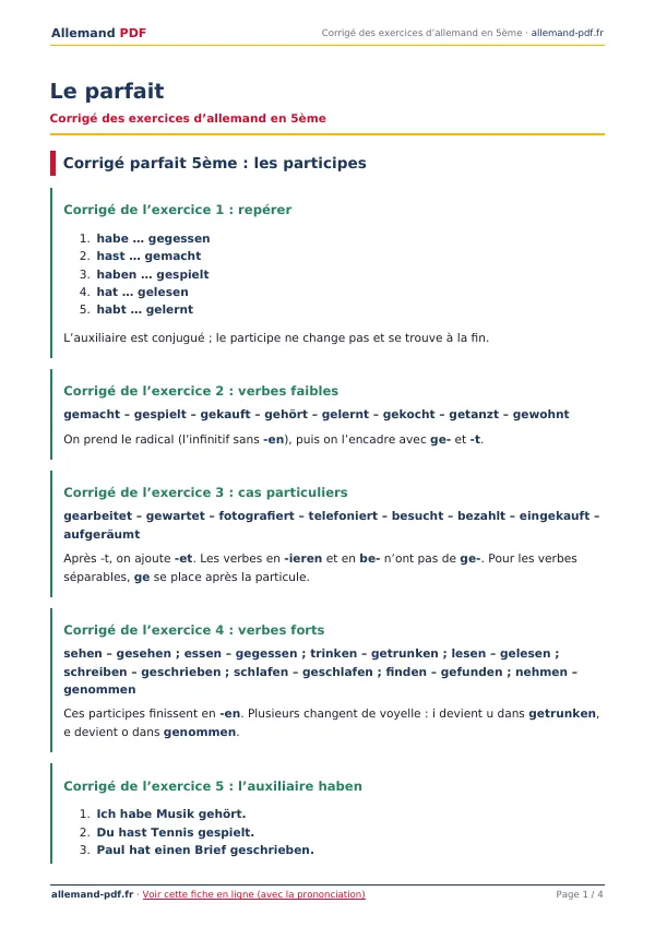 Corrigé « Le parfait » en PDF