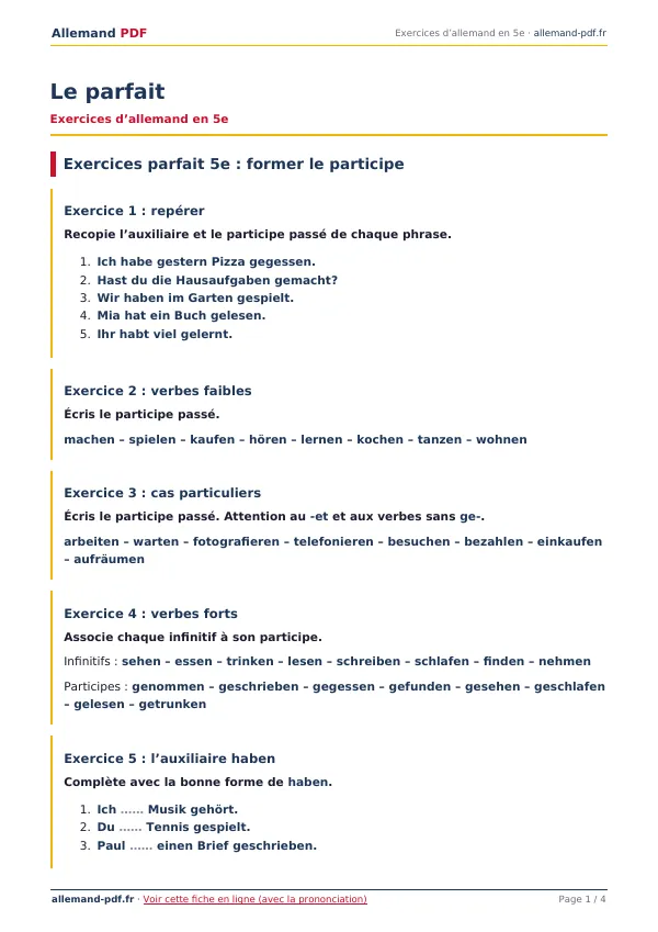 Exercices « Le parfait » en PDF