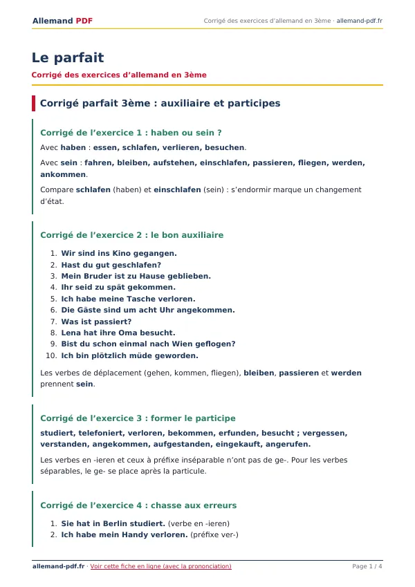 Corrigé « Le parfait » en PDF