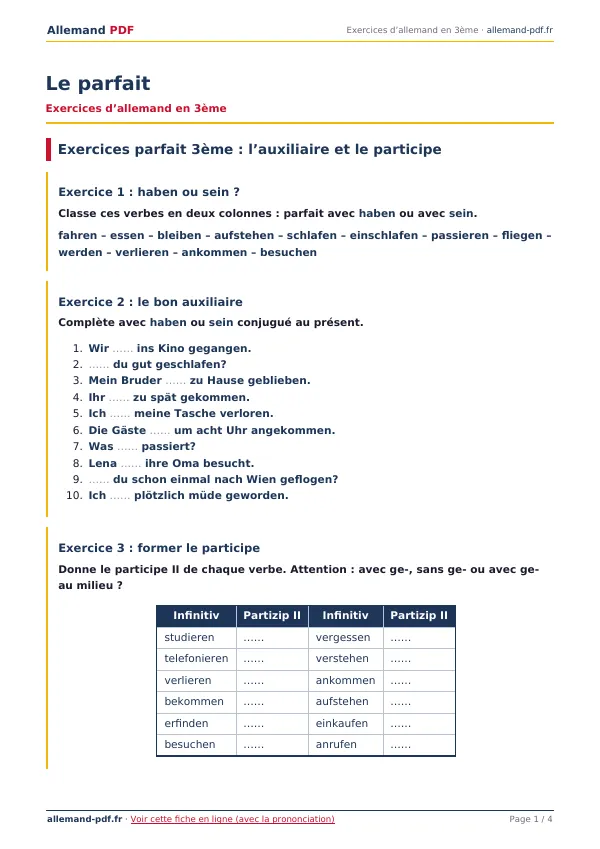 Exercices « Le parfait » en PDF
