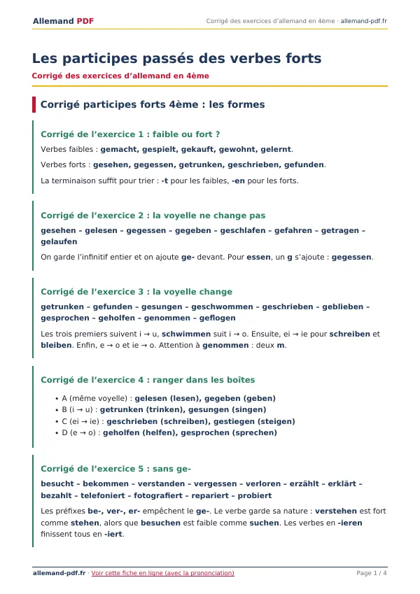 Corrigé « Les participes passés des verbes forts » en PDF