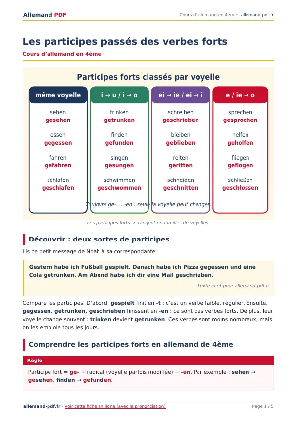 Cours « Les participes passés des verbes forts » en PDF