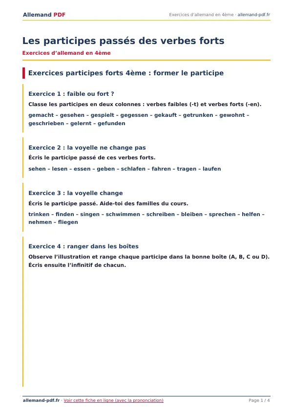 Exercices « Les participes passés des verbes forts » en PDF