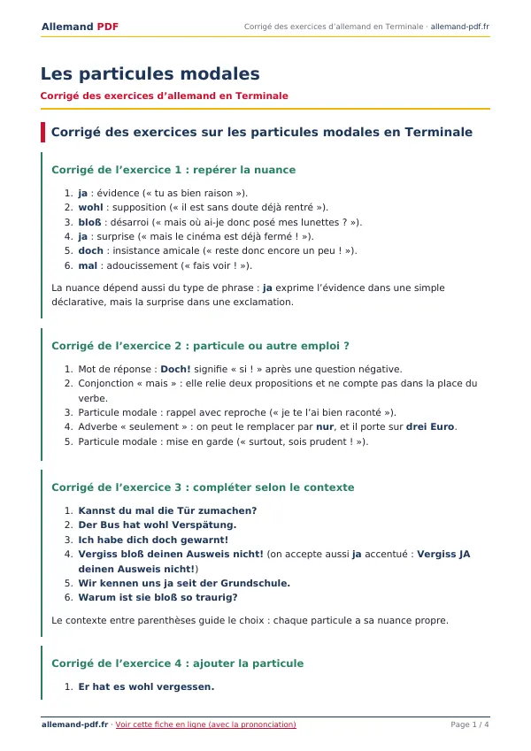 Corrigé « Les particules modales » en PDF
