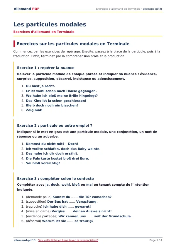Exercices « Les particules modales » en PDF