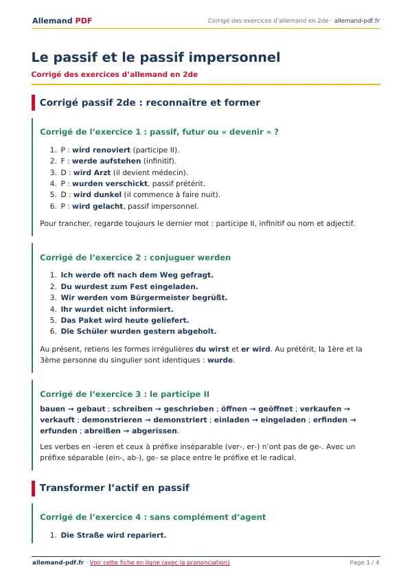 Corrigé « Le passif et le passif impersonnel » en PDF