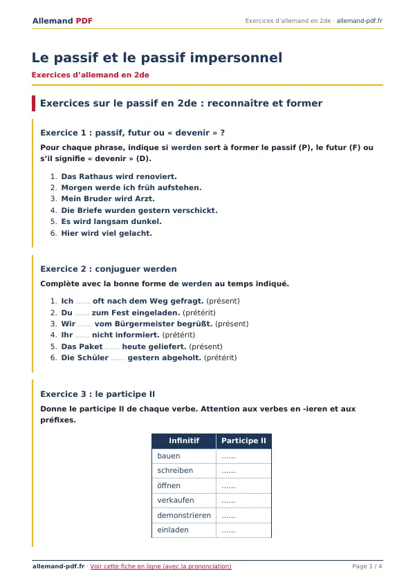 Exercices « Le passif et le passif impersonnel » en PDF