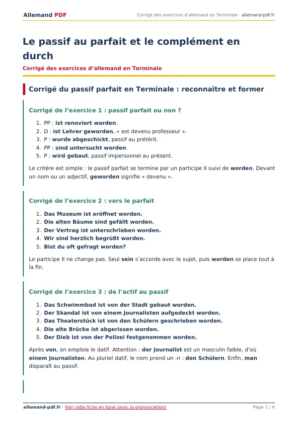 Corrigé « Le passif au parfait et le complément en durch » en PDF