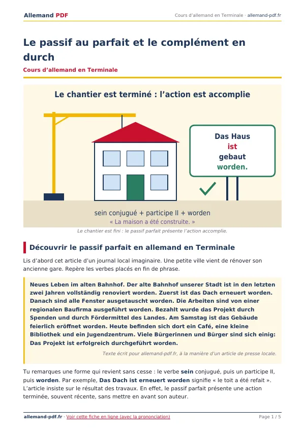 Cours « Le passif au parfait et le complément en durch » en PDF