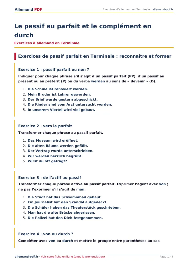 Exercices « Le passif au parfait et le complément en durch » en PDF
