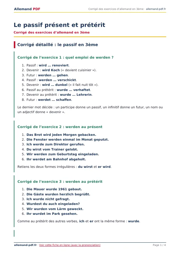 Corrigé « Le passif présent et prétérit » en PDF