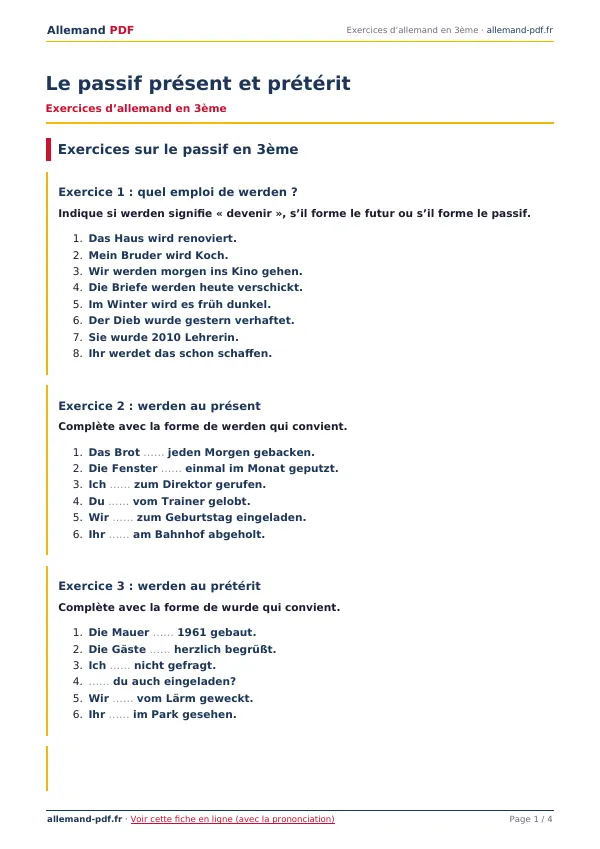 Exercices « Le passif présent et prétérit » en PDF