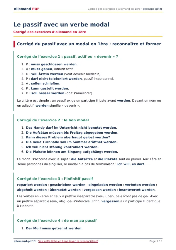 Corrigé « Le passif avec un verbe modal » en PDF
