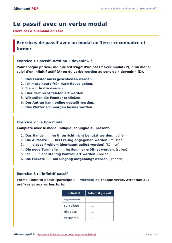 Exercices « Le passif avec un verbe modal » en PDF
