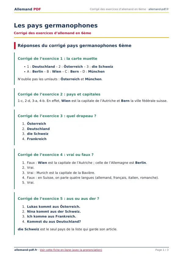 Corrigé « Les pays germanophones » en PDF