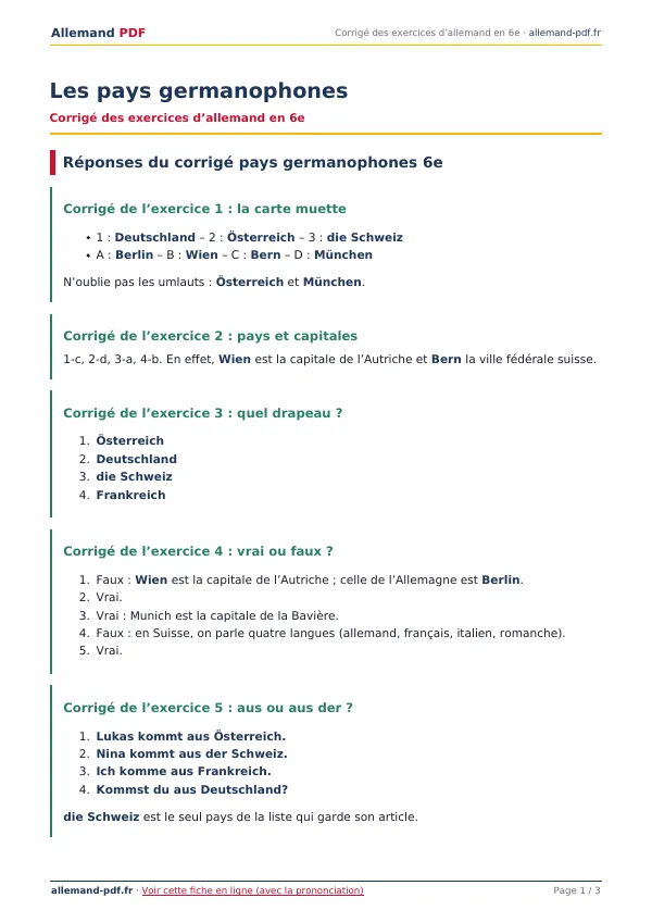 Corrigé « Les pays germanophones » en PDF