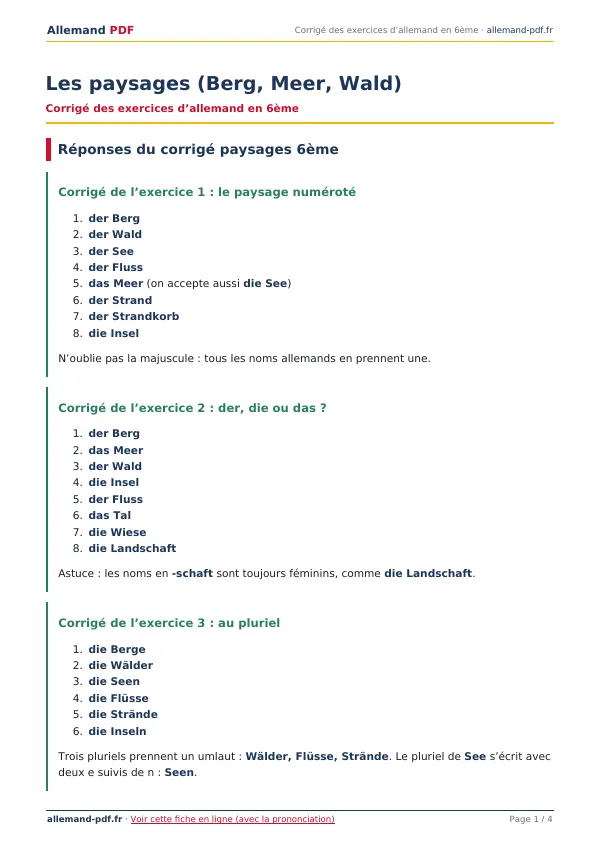 Corrigé « Les paysages (Berg, Meer, Wald) » en PDF