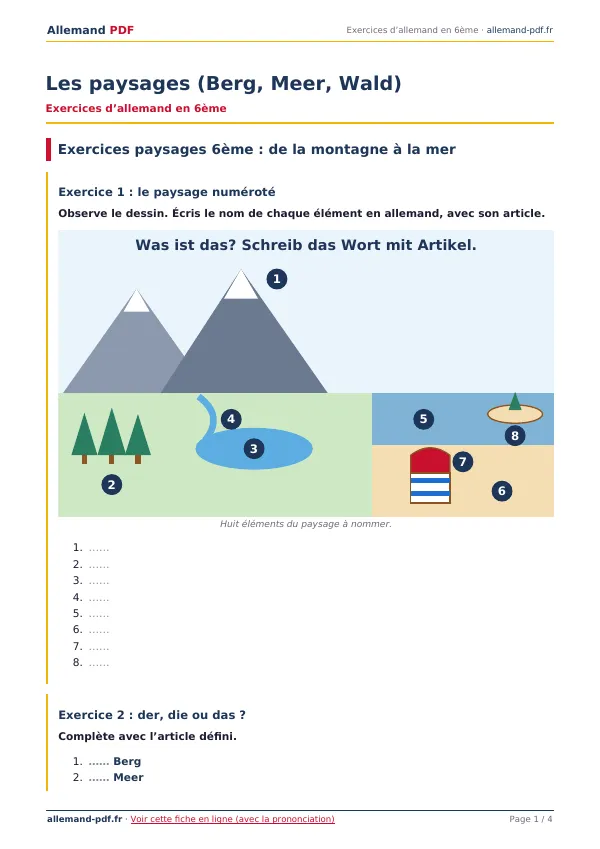 Exercices « Les paysages (Berg, Meer, Wald) » en PDF