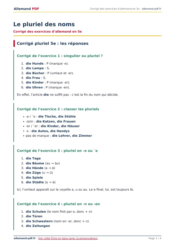 Corrigé « Le pluriel des noms » en PDF