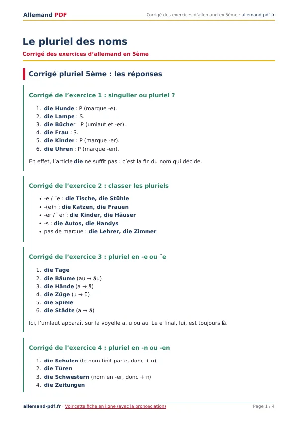 Corrigé « Le pluriel des noms » en PDF