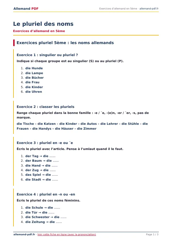 Exercices « Le pluriel des noms » en PDF