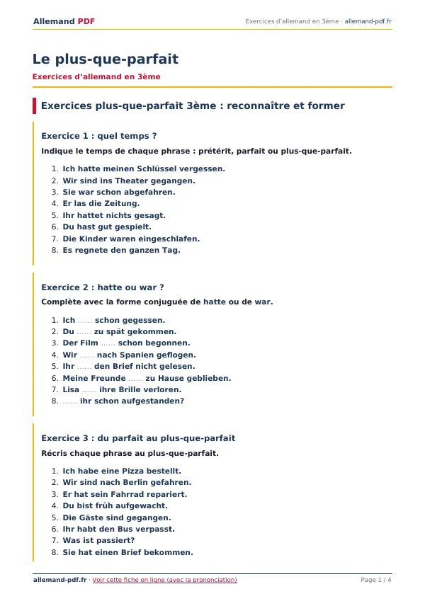 Exercices « Le plus-que-parfait » en PDF
