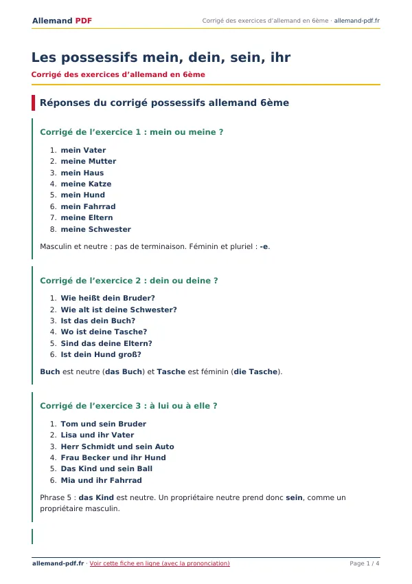 Corrigé « Les possessifs mein, dein, sein, ihr » en PDF